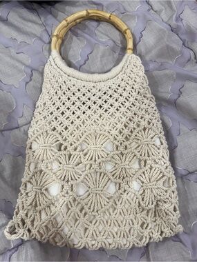 Handmade Cream Crochet Tote with Bamboo Handles